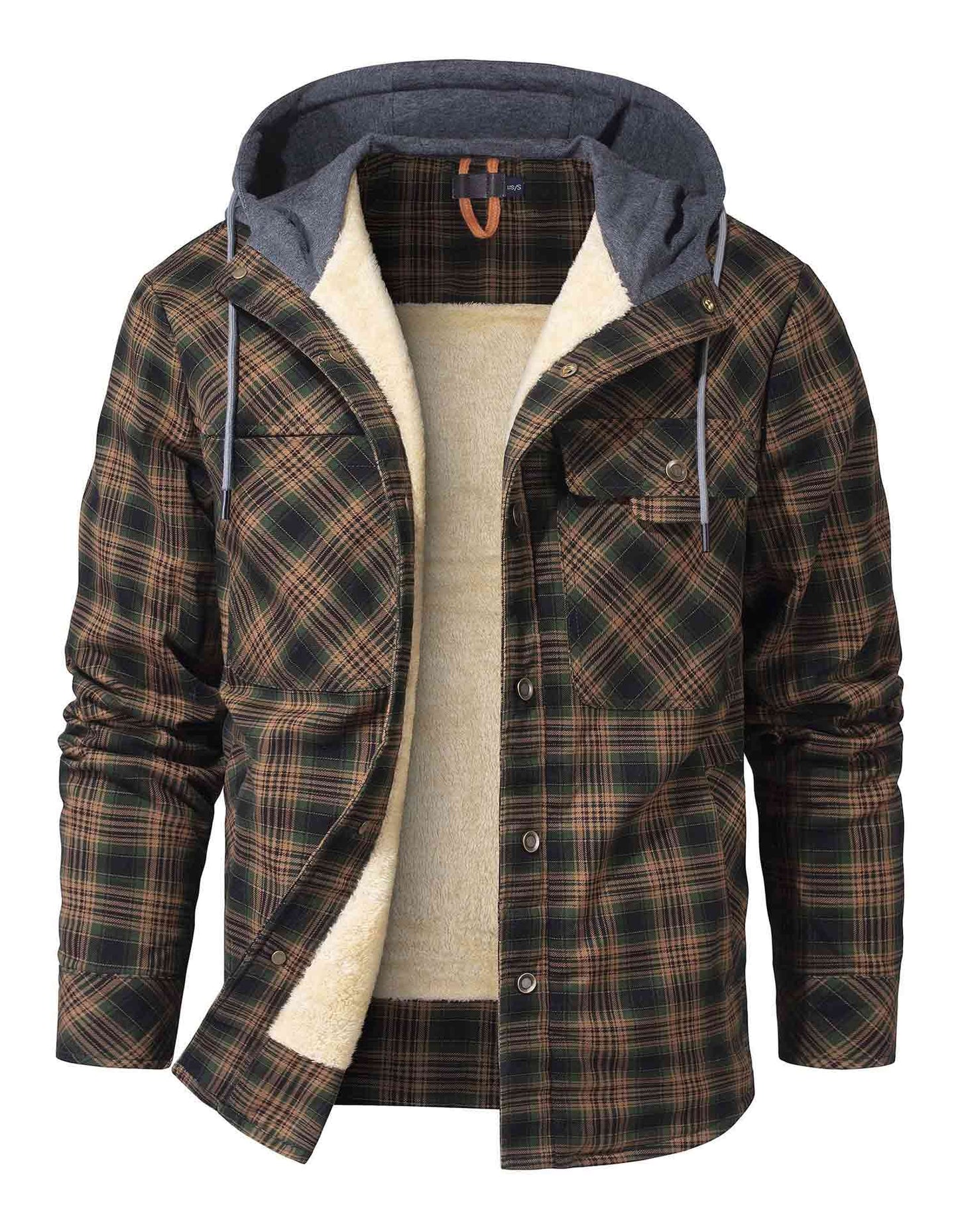Sherpa-Lined Hooded Plaid Jacket