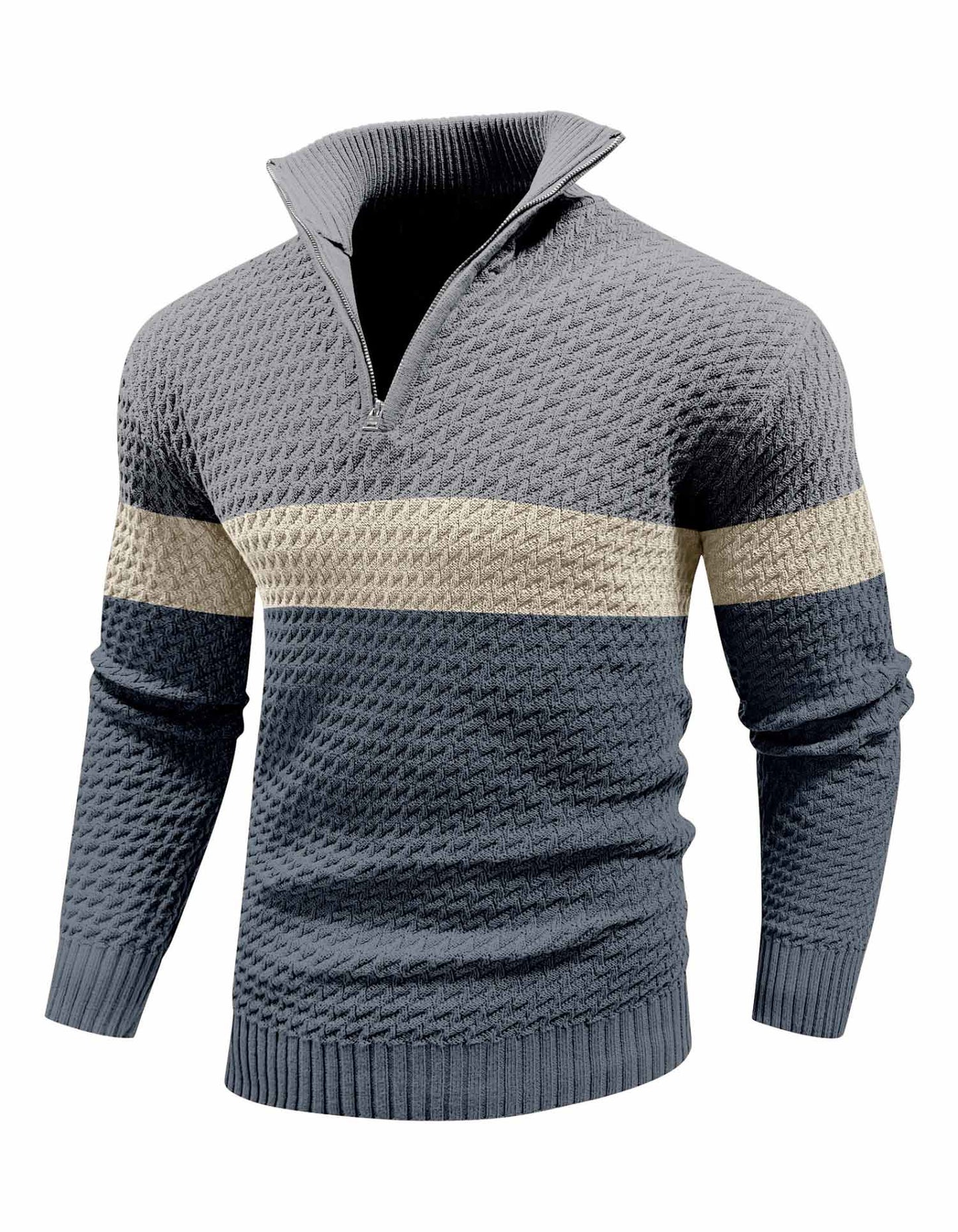 Twill Colorblock Quarter-Zip Turtleneck Sweater