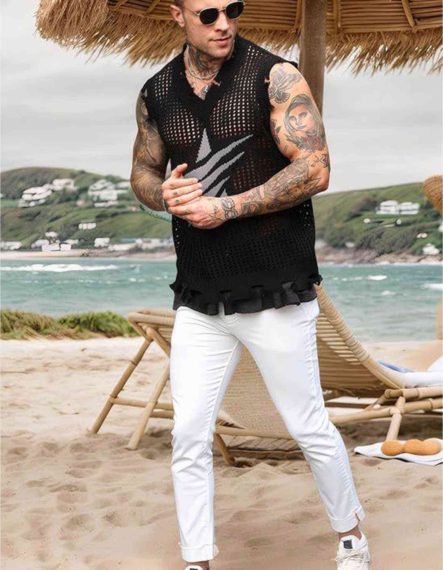 V-Neck Perforated Knitted Short Sleeve
