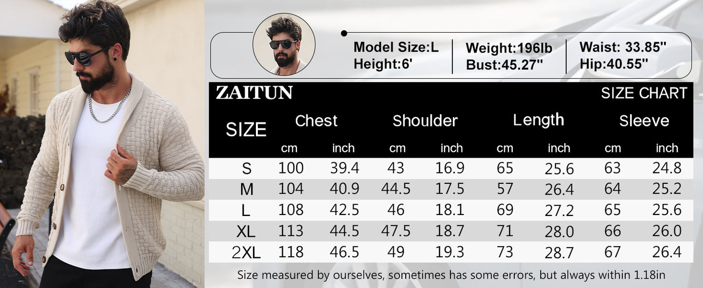 Zaitun Men's Shawl Neck Cardigans Waffle Knitted Jumper Casual Button Cardigan Warm Long Sleeve Sweater