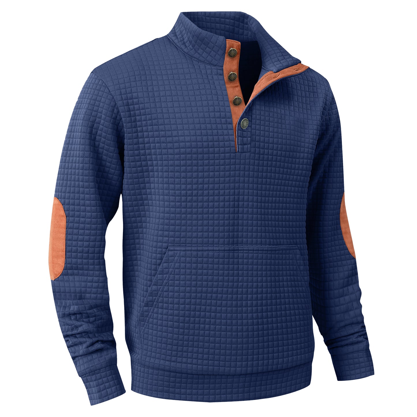 Zaitun Men's Quilted Sweatshirt Casual Long Sleeve Quarter Button Stand Collar Pullover Sweatshirts with Pocket Blue