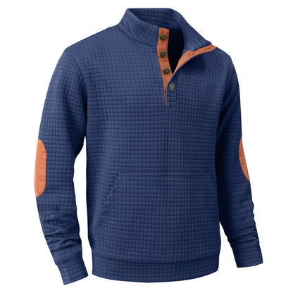 Zaitun Men's Quilted Sweatshirt Casual Long Sleeve Quarter Button Stand Collar Pullover Sweatshirts with Pocket Blue