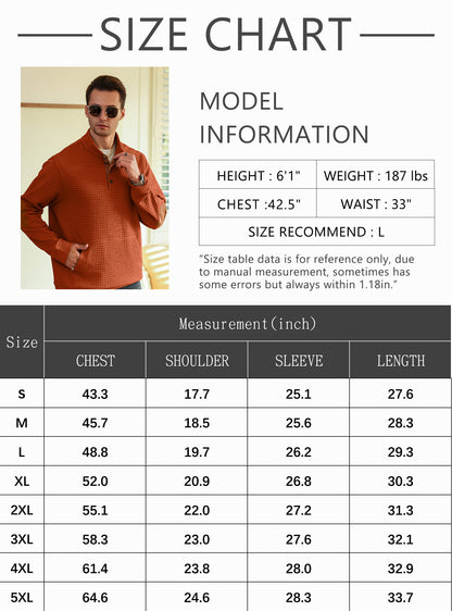Zaitun Men's Quilted Sweatshirt Casual Long Sleeve Quarter Button Stand Collar Pullover Sweatshirts with Pocket Blue