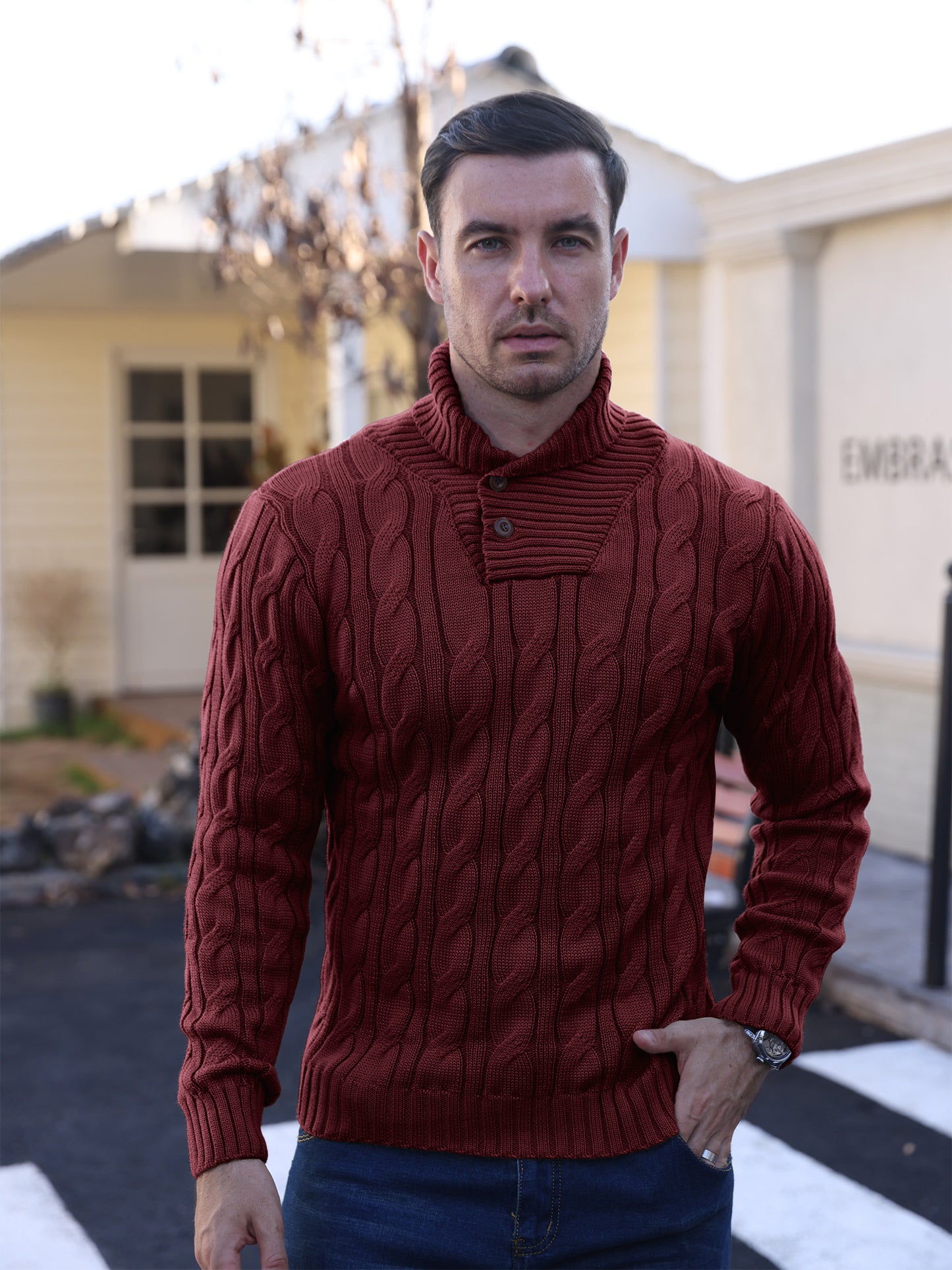 Zaitun Men's Turtleneck Sweater Fisherman Style Cable Knit Pullover Warm Long Sleeve Lightweight Breathable Winter Sweater for Men Red