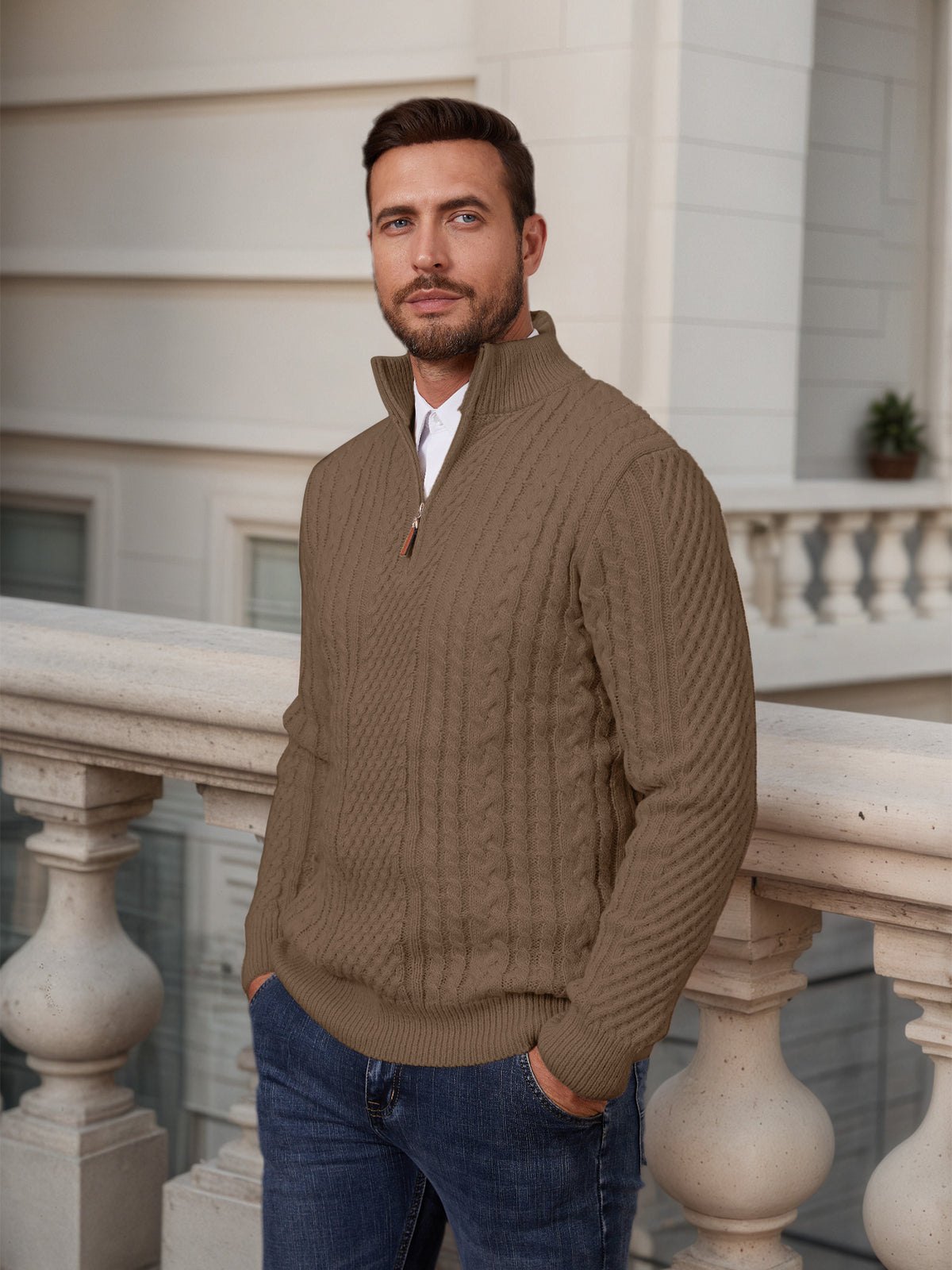 Zaitun Men's 1/4 Zip Sweater Waffle Textured Lightweight Pullover for Winter Business Casual Turtleneck Old Money Knit Top