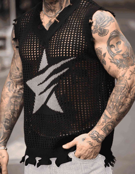 V-Neck Perforated Knitted Short Sleeve