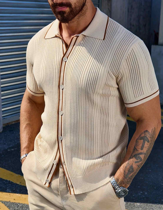 Striped Open-Knit Shirt with Patchwork Detail