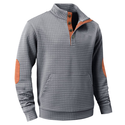 Zaitun Men's Quilted Sweatshirt Casual Long Sleeve Quarter Button Stand Collar Pullover Sweatshirts with Pocket Blue