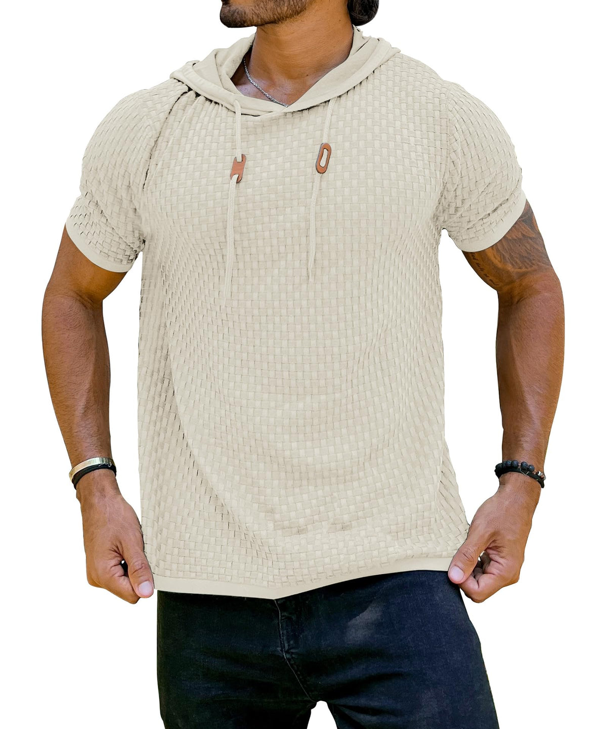 Zaitun Men's Short Sleeve Hoodie Shirt Casual Waffle Knitted Pullover Sweater..., Black, XX-Large