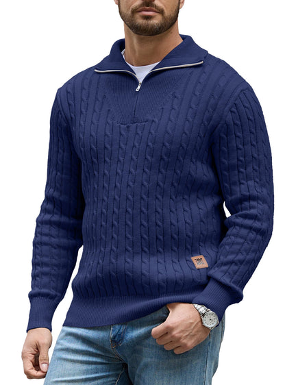 Zaitun Mens Jumper Quarter Zip Cable Knit Pullover Sweater Long Sleeve Half Zip Jumper V-Neck Casual Winter Knitwear Soft Knitted Top