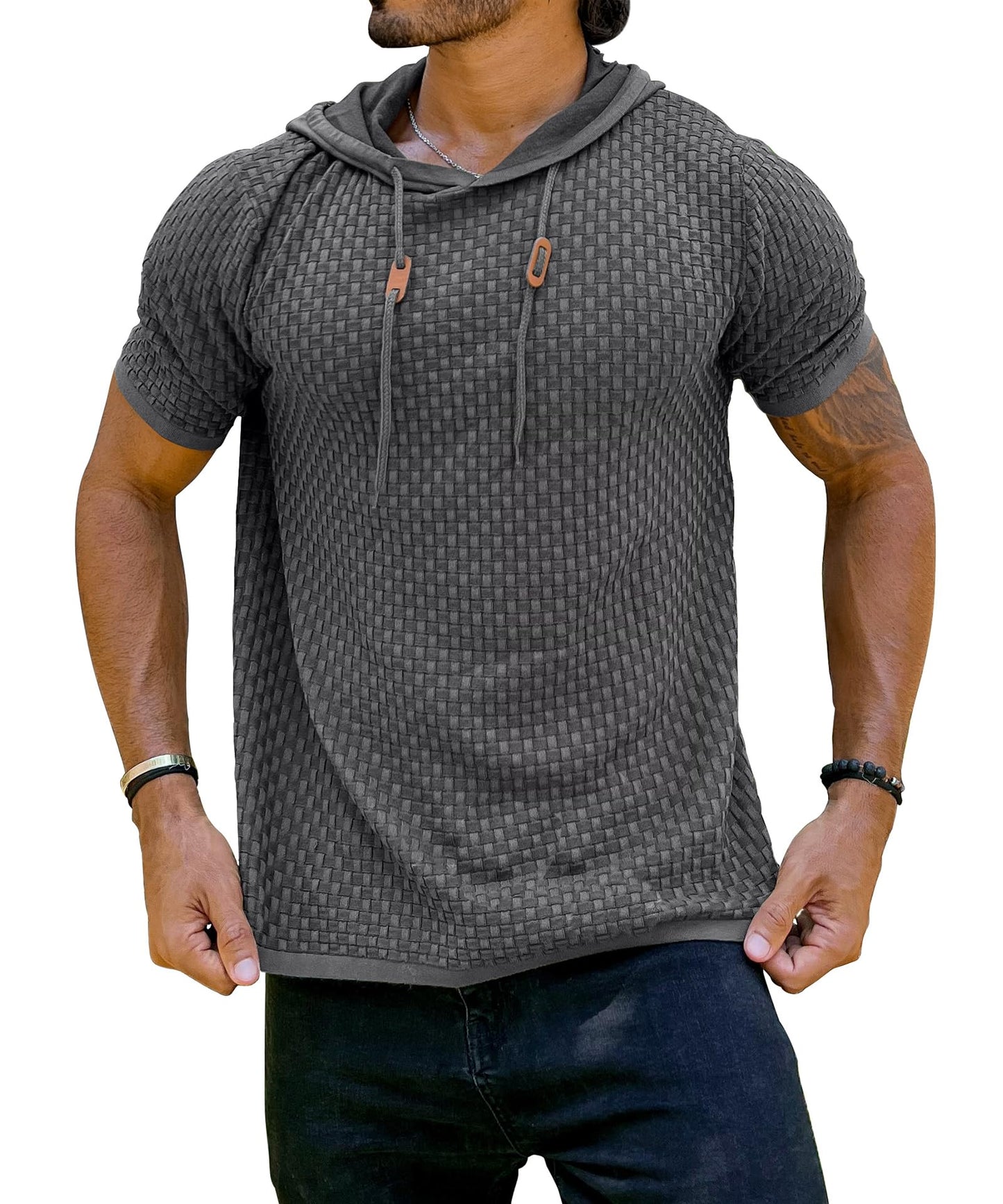 Zaitun Men's Short Sleeve Hoodie Shirt Casual Waffle Knitted Pullover Sweater..., Black, XX-Large