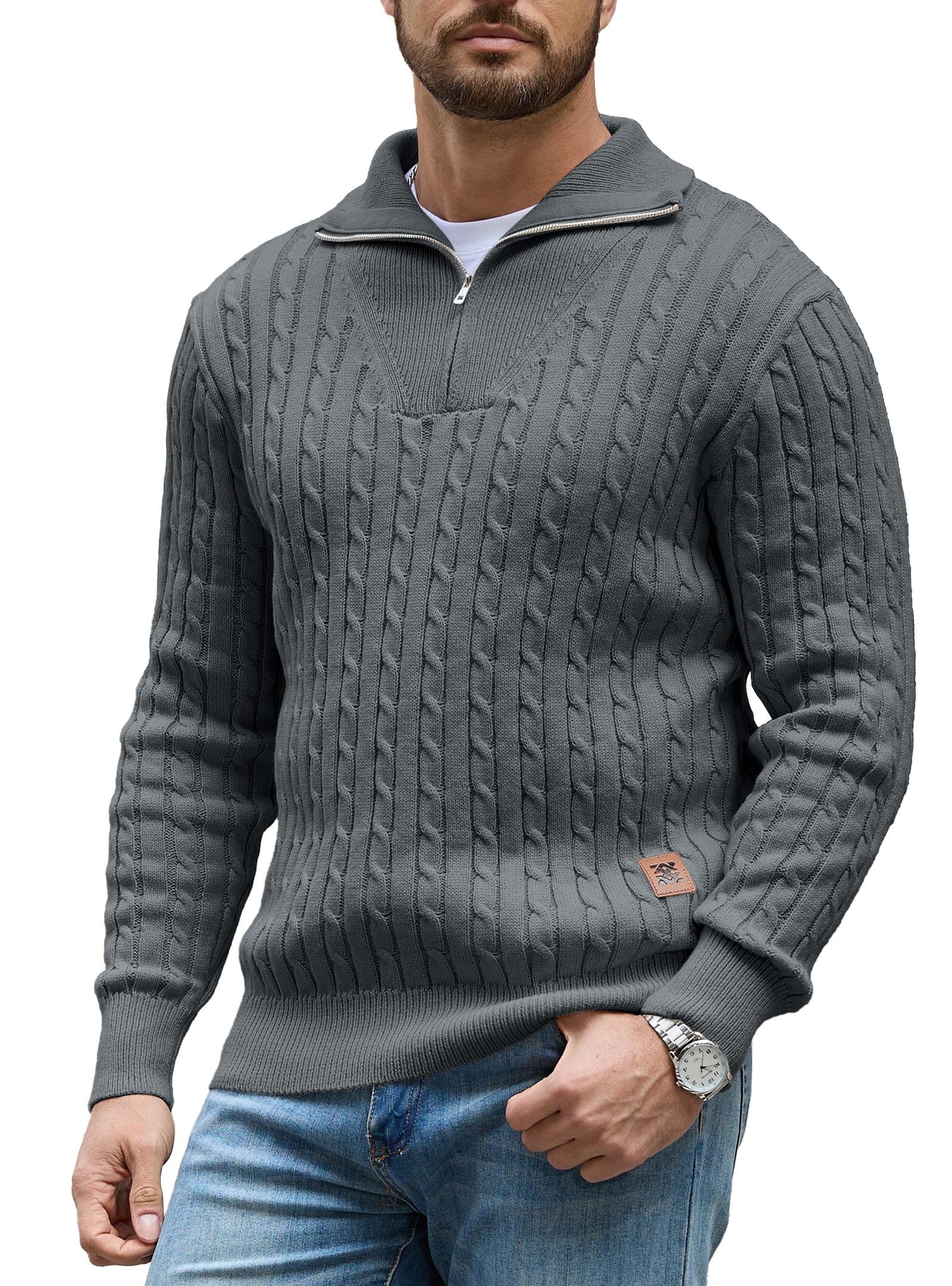 Zaitun Mens Jumper Quarter Zip Cable Knit Pullover Sweater Long Sleeve Half Zip Jumper V-Neck Casual Winter Knitwear Soft Knitted Top
