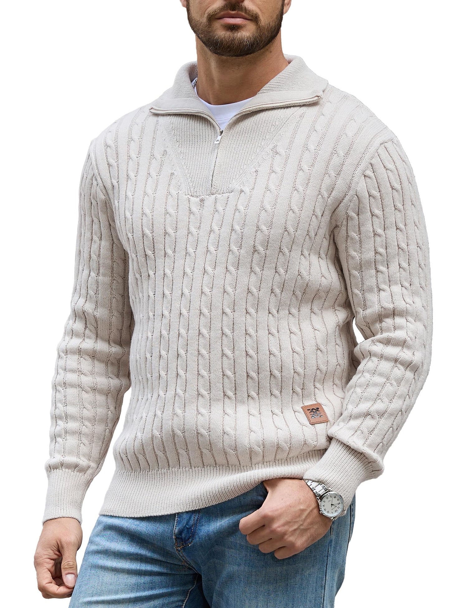 Zaitun Mens Jumper Quarter Zip Cable Knit Pullover Sweater Long Sleeve Half Zip Jumper V-Neck Casual Winter Knitwear Soft Knitted Top