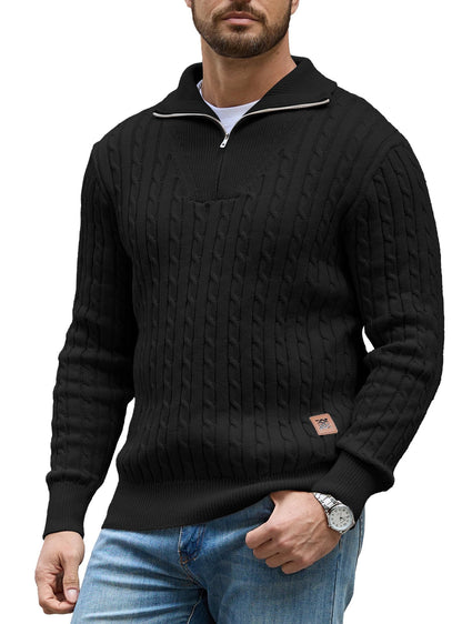 Zaitun Mens Jumper Quarter Zip Cable Knit Pullover Sweater Long Sleeve Half Zip Jumper V-Neck Casual Winter Knitwear Soft Knitted Top