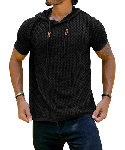 Zaitun Men's Short Sleeve Hoodie Shirt Casual Waffle Knitted Pullover Sweater..., Black, XX-Large