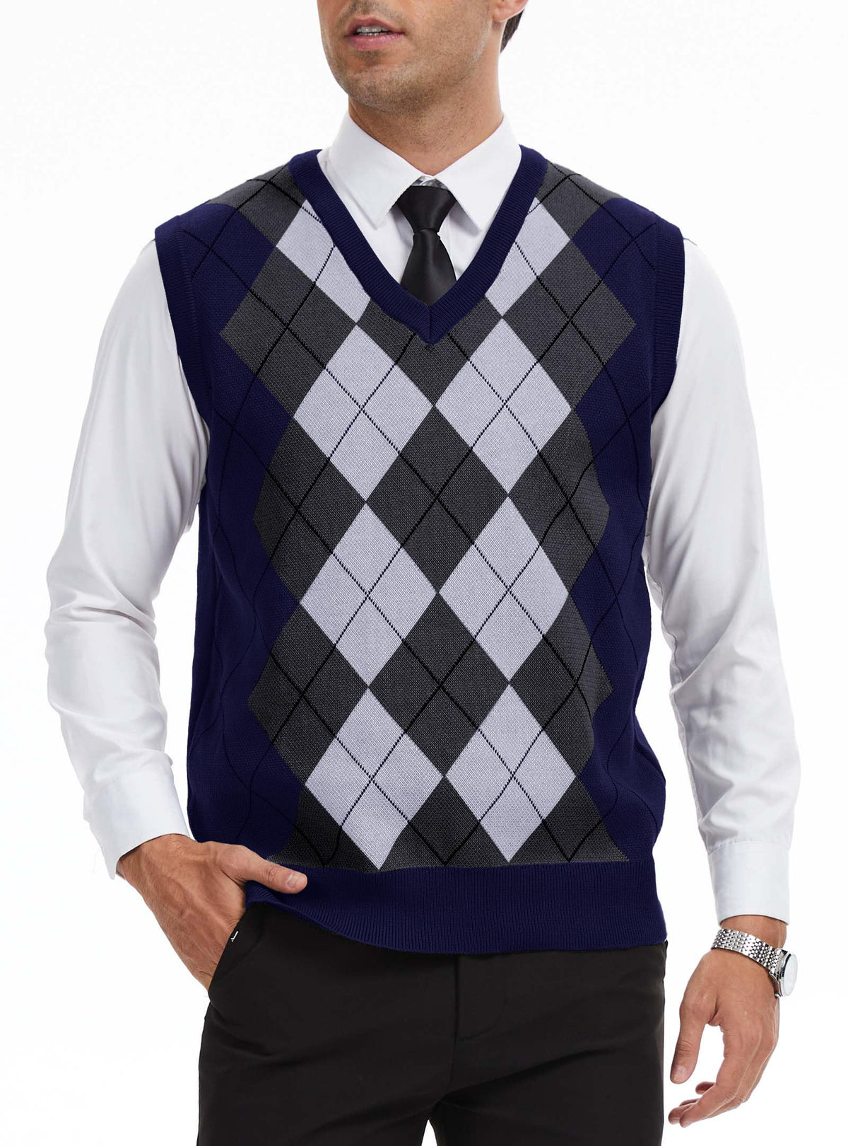 Zaitun Men's Sweater Vest Checked Sleeveless V Neck Vest Slim Fit Vests Leisure Business Knitted Vest Autumn Winter Jumper