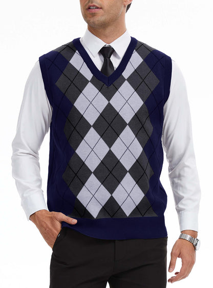 Zaitun Men's Sweater Vest Checked Sleeveless V Neck Vest Slim Fit Vests Leisure Business Knitted Vest Autumn Winter Jumper