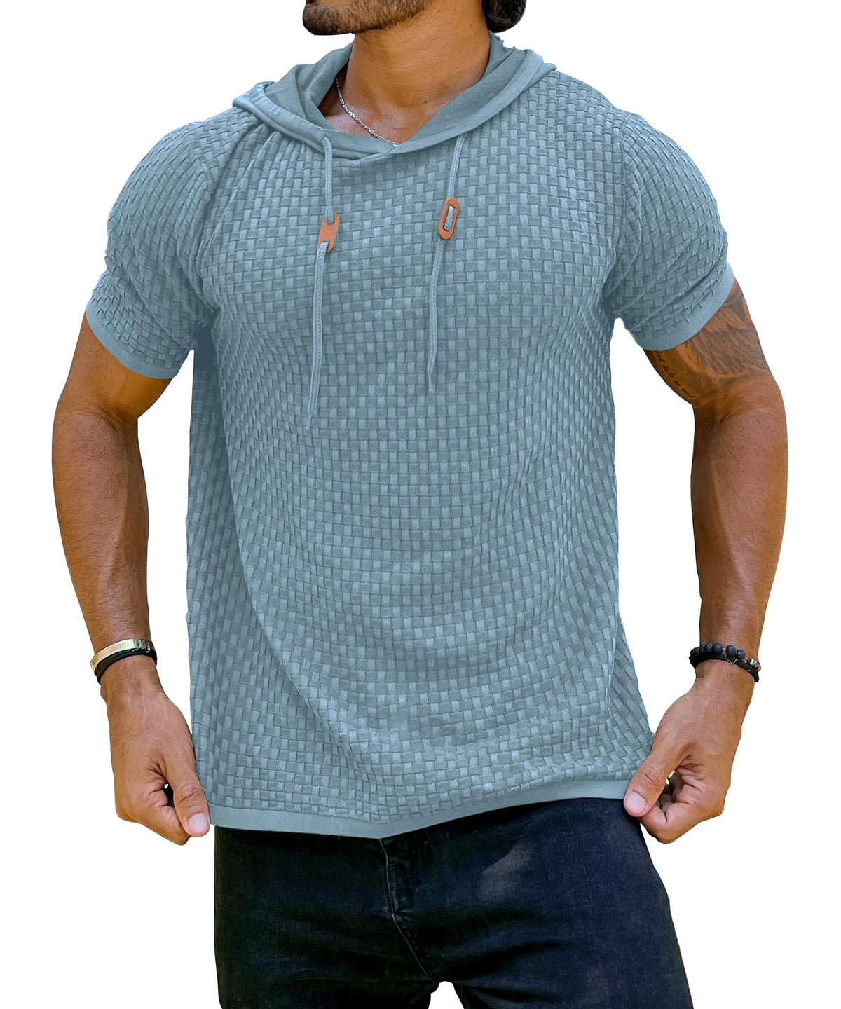 Zaitun Men's Short Sleeve Hoodie Shirt Casual Waffle Knitted Pullover Sweater..., Black, XX-Large