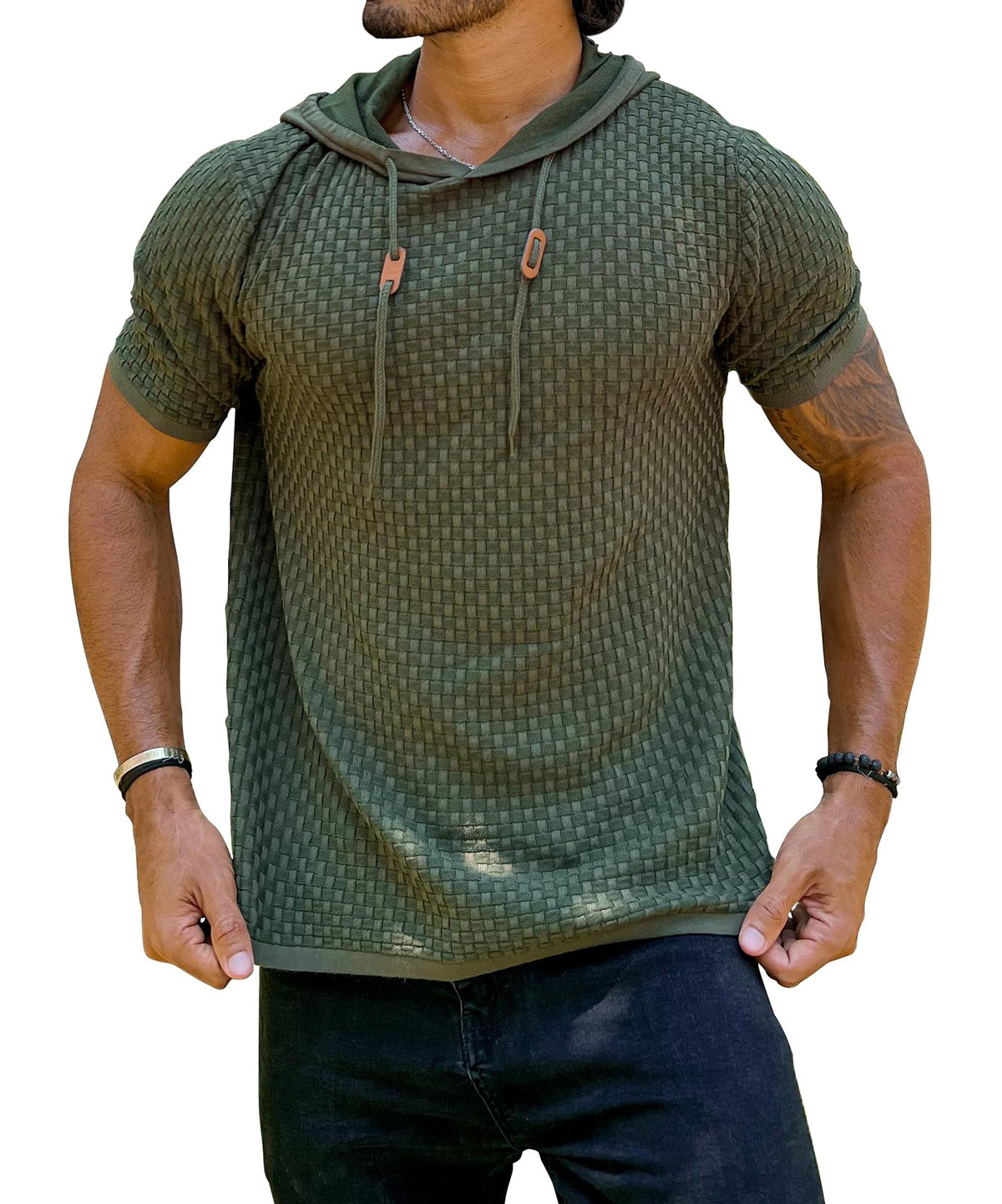 Zaitun Men's Short Sleeve Hoodie Shirt Casual Waffle Knitted Pullover Sweater..., Black, XX-Large