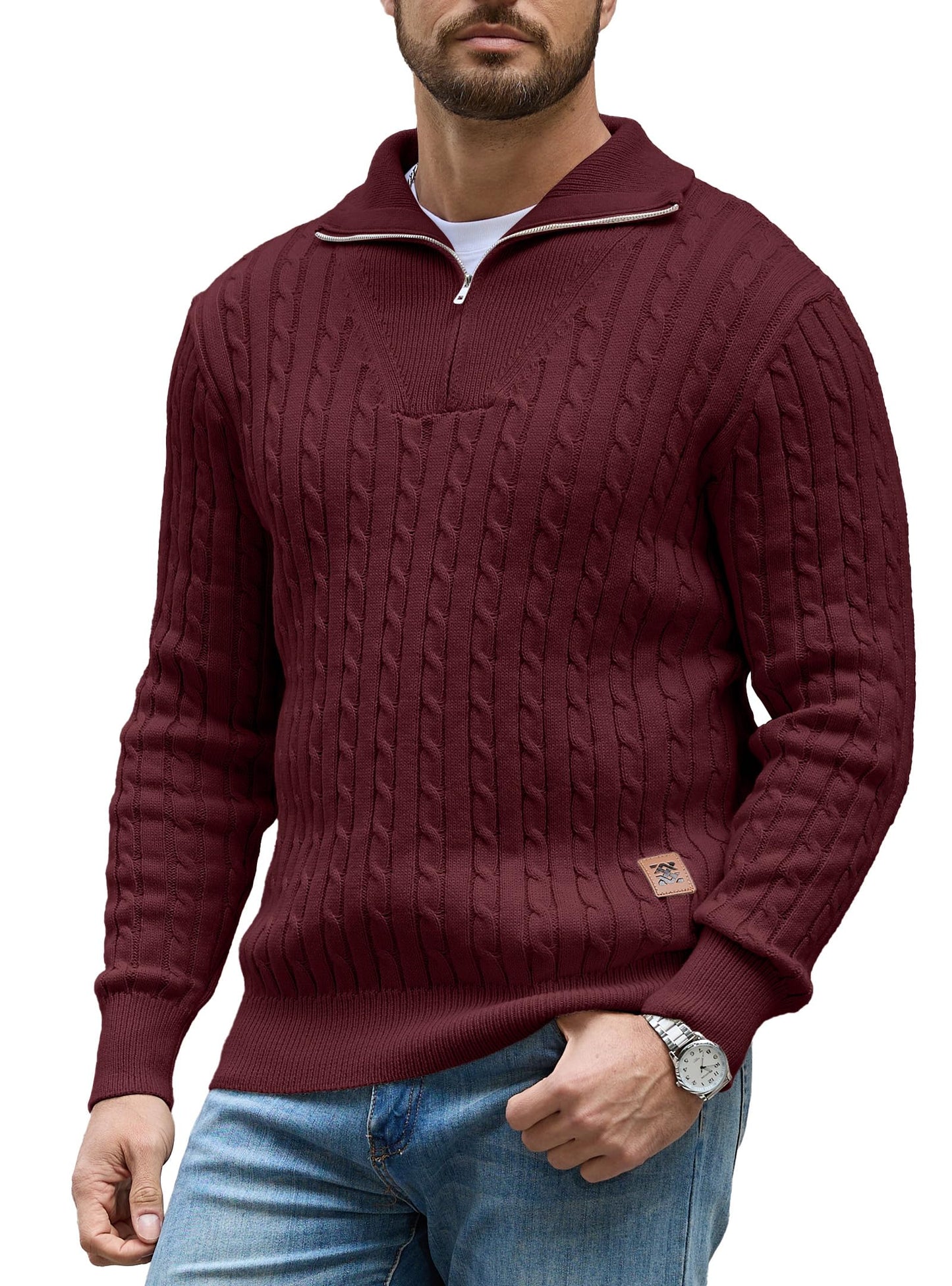 Zaitun Mens Jumper Quarter Zip Cable Knit Pullover Sweater Long Sleeve Half Zip Jumper V-Neck Casual Winter Knitwear Soft Knitted Top