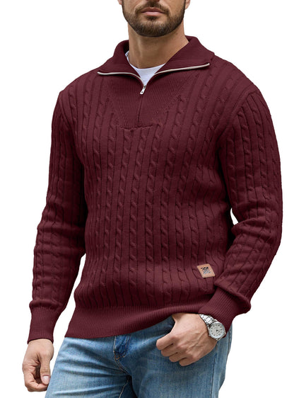 Zaitun Mens Jumper Quarter Zip Cable Knit Pullover Sweater Long Sleeve Half Zip Jumper V-Neck Casual Winter Knitwear Soft Knitted Top