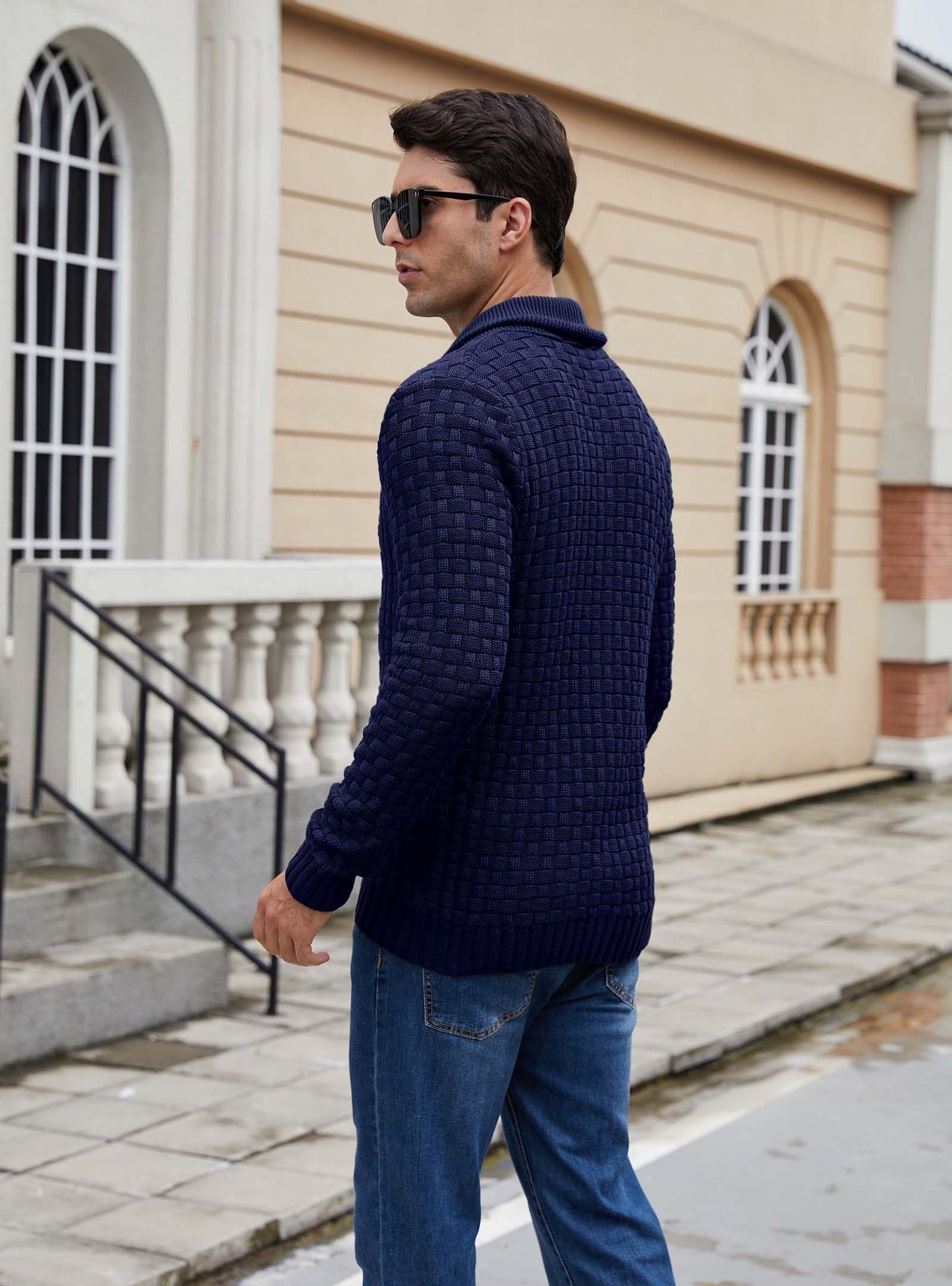 Zaitun Men's Shawl Neck Cardigans Waffle Knitted Jumper Casual Button Cardigan Warm Long Sleeve Sweater