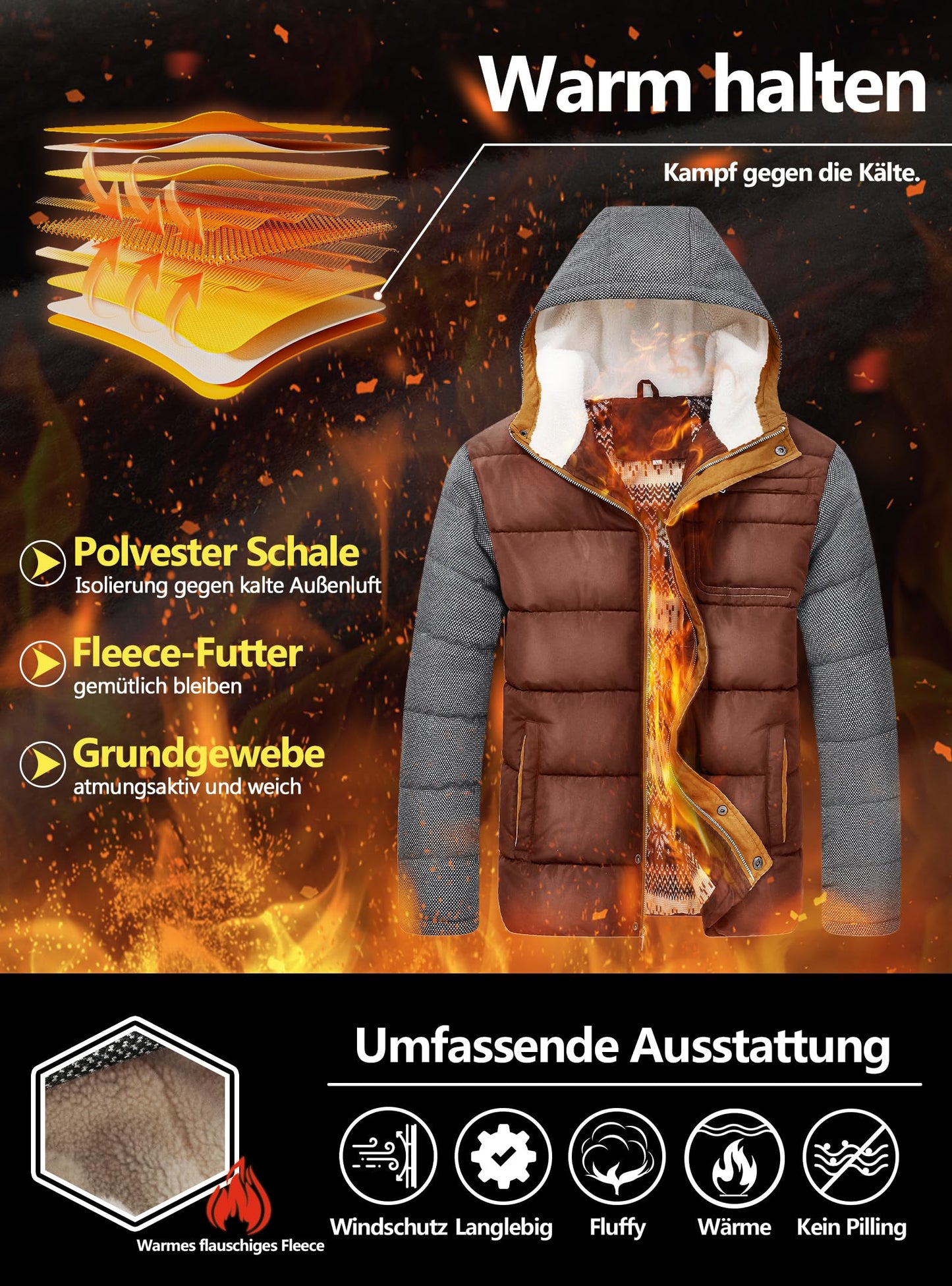 Zaitun Men's Winter Jacket, Warm Fleece Jacket, Lined Windbreaker with Hood, Windproof Outdoor Jackets, Thermal Puffer Jacket