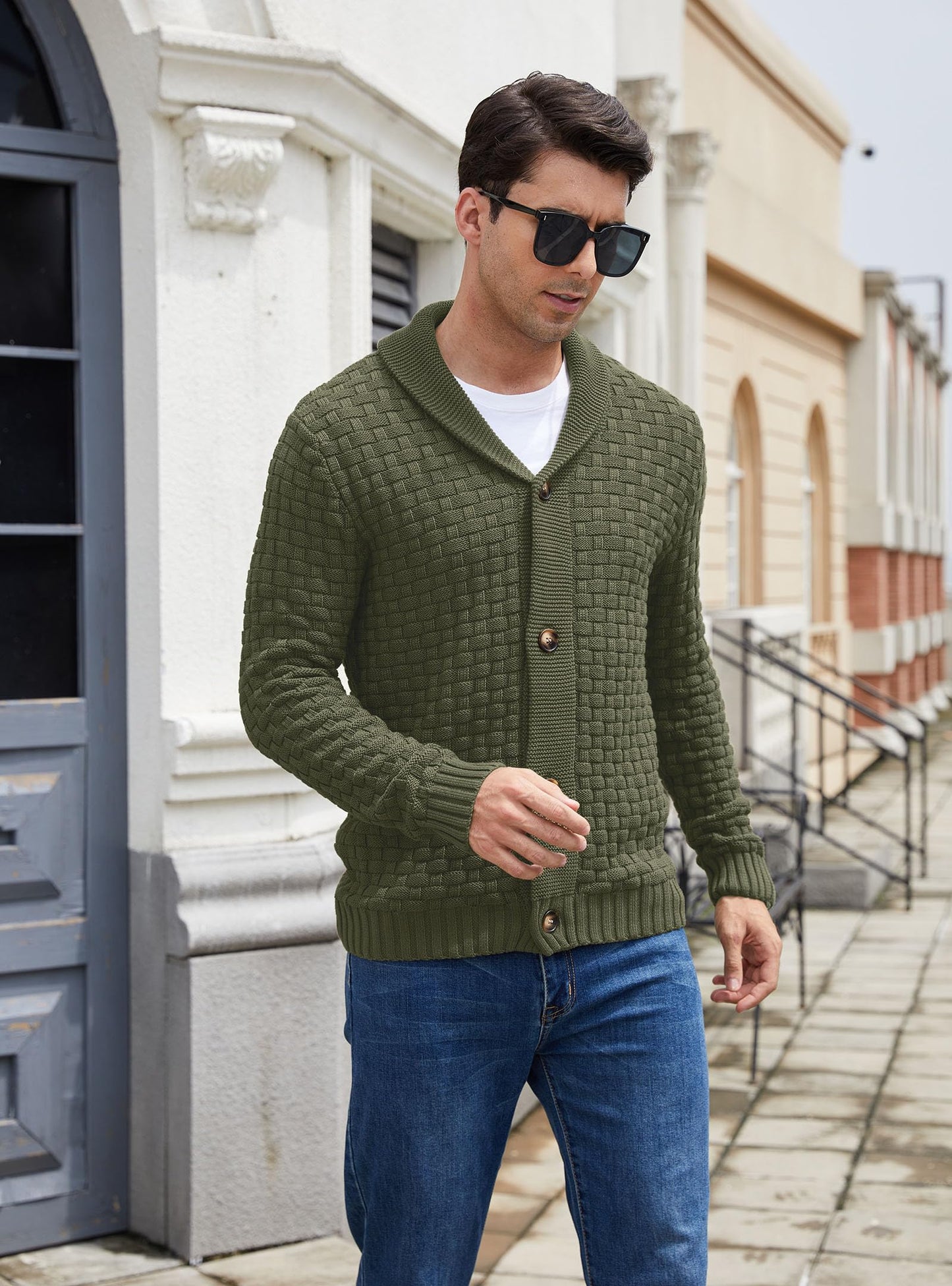 Zaitun Men's Shawl Neck Cardigans Waffle Knitted Jumper Casual Button Cardigan Warm Long Sleeve Sweater