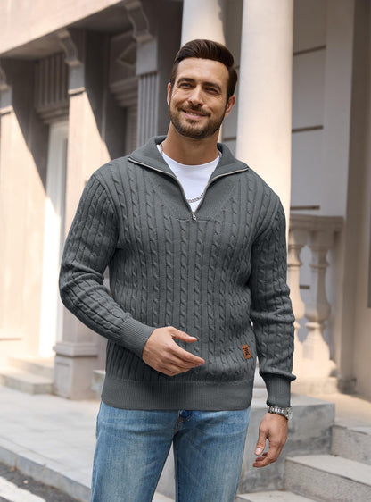 Zaitun Mens Jumper Quarter Zip Cable Knit Pullover Sweater Long Sleeve Half Zip Jumper V-Neck Casual Winter Knitwear Soft Knitted Top