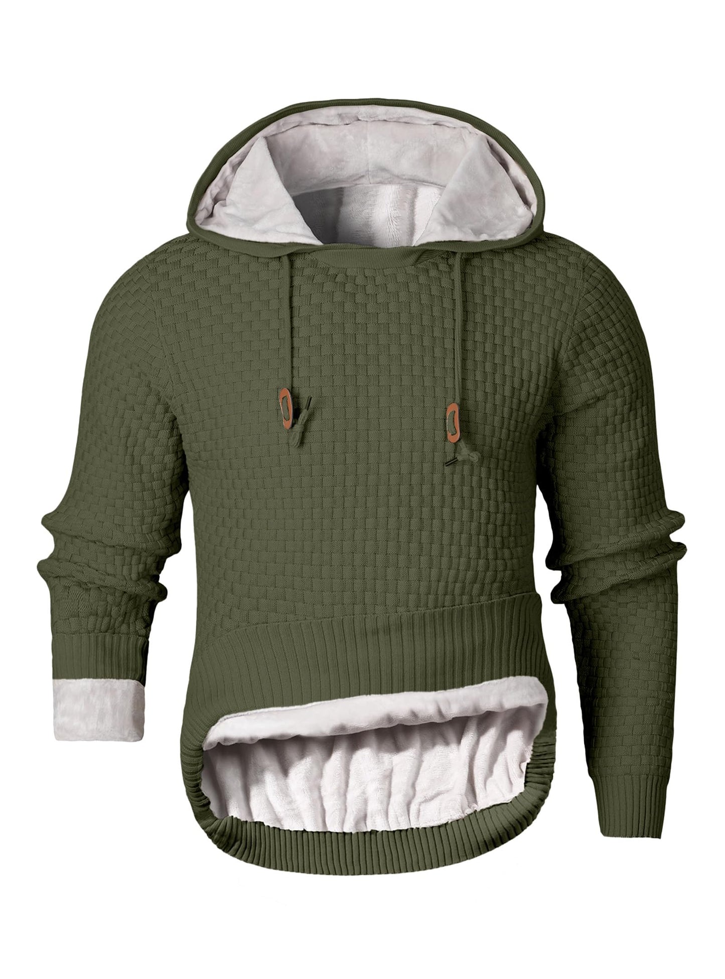 Zaitun Men's Short Plush Lined Hooded Sweater Crystal Velvet Fleece Lined Winter Warm Sweatshirt Knitted Hoodie Pullover Khaki
