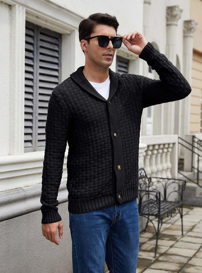 Zaitun Men's Shawl Neck Cardigans Waffle Knitted Jumper Casual Button Cardigan Warm Long Sleeve Sweater