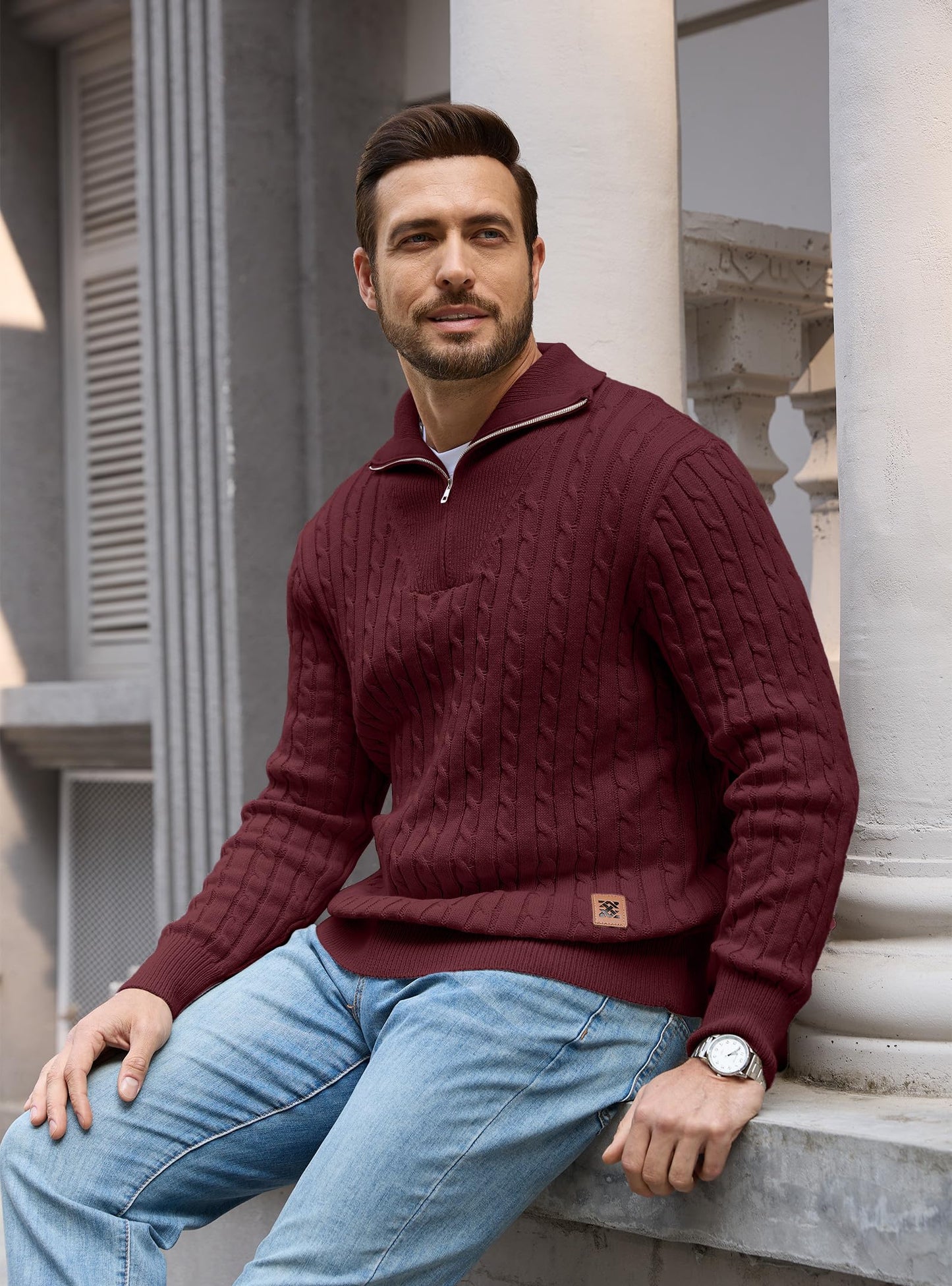 Zaitun Mens Jumper Quarter Zip Cable Knit Pullover Sweater Long Sleeve Half Zip Jumper V-Neck Casual Winter Knitwear Soft Knitted Top