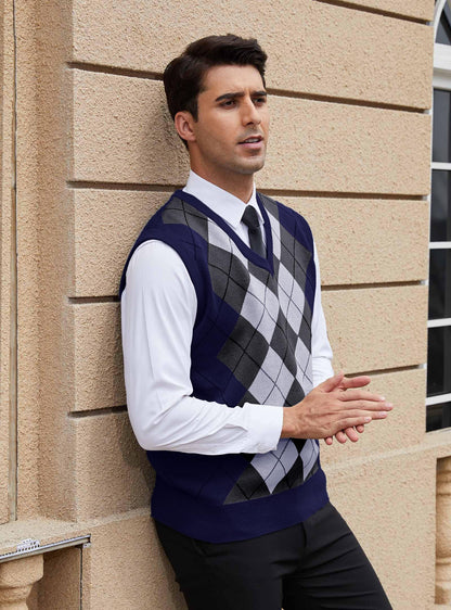 Zaitun Men's Sweater Vest Checked Sleeveless V Neck Vest Slim Fit Vests Leisure Business Knitted Vest Autumn Winter Jumper