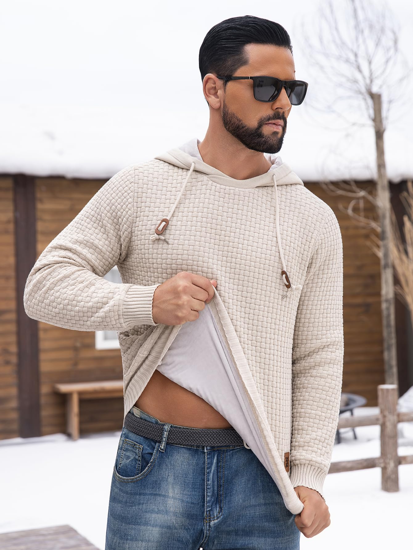 Zaitun Men's Short Plush Lined Hooded Sweater Crystal Velvet Fleece Lined Winter Warm Sweatshirt Knitted Hoodie Pullover Khaki