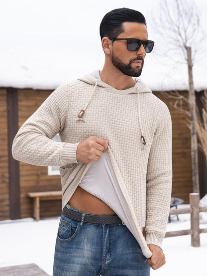Zaitun Men's Short Plush Lined Hooded Sweater Crystal Velvet Fleece Lined Winter Warm Sweatshirt Knitted Hoodie Pullover Khaki