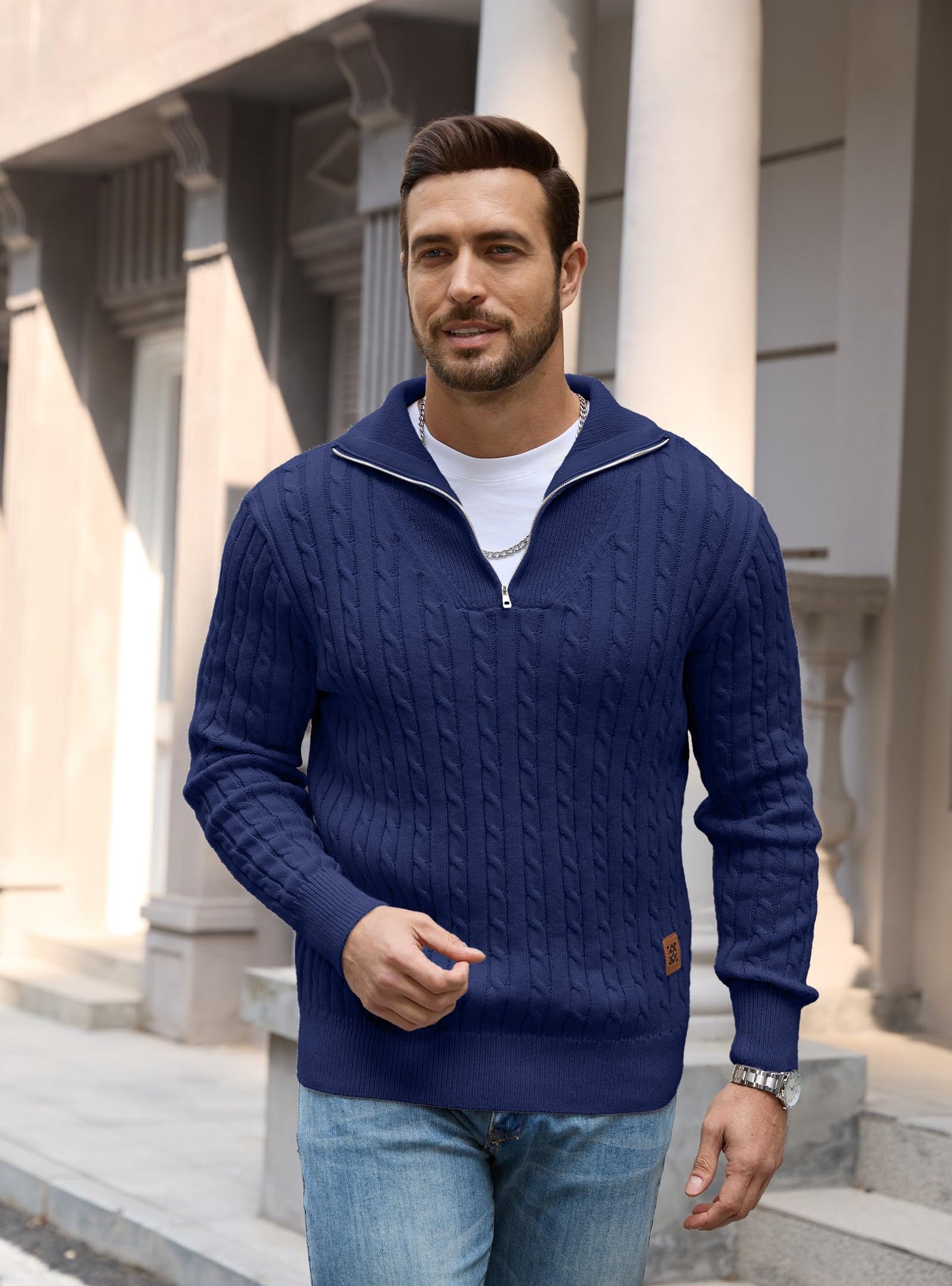 Zaitun Mens Jumper Quarter Zip Cable Knit Pullover Sweater Long Sleeve Half Zip Jumper V-Neck Casual Winter Knitwear Soft Knitted Top