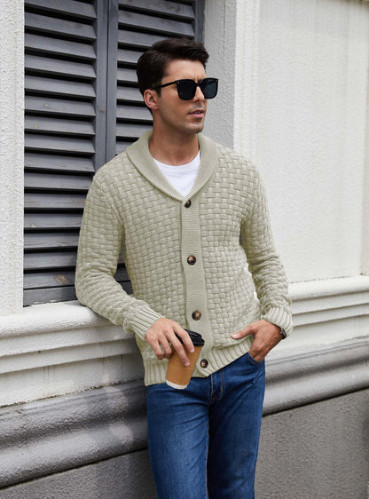 Zaitun Men's Shawl Neck Cardigans Waffle Knitted Jumper Casual Button Cardigan Warm Long Sleeve Sweater