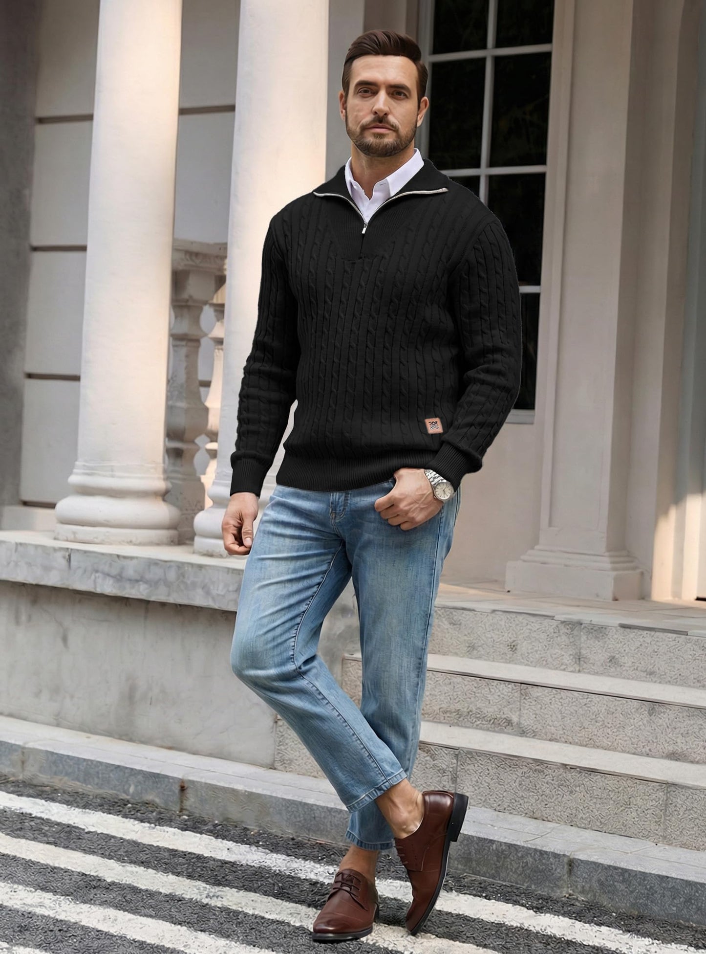 Zaitun Mens Jumper Quarter Zip Cable Knit Pullover Sweater Long Sleeve Half Zip Jumper V-Neck Casual Winter Knitwear Soft Knitted Top