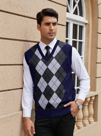Zaitun Men's Sweater Vest Checked Sleeveless V Neck Vest Slim Fit Vests Leisure Business Knitted Vest Autumn Winter Jumper
