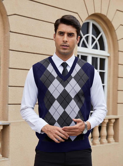 Zaitun Men's Sweater Vest Checked Sleeveless V Neck Vest Slim Fit Vests Leisure Business Knitted Vest Autumn Winter Jumper