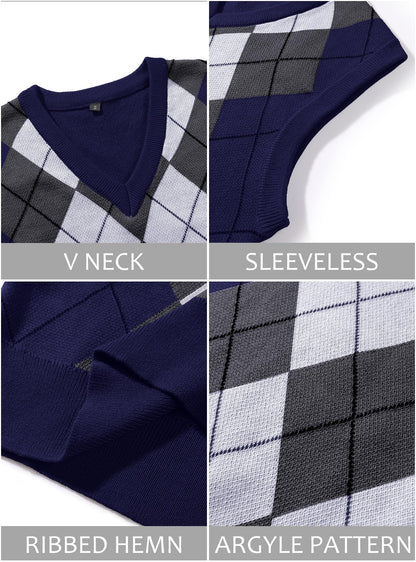 Zaitun Men's Sweater Vest Checked Sleeveless V Neck Vest Slim Fit Vests Leisure Business Knitted Vest Autumn Winter Jumper